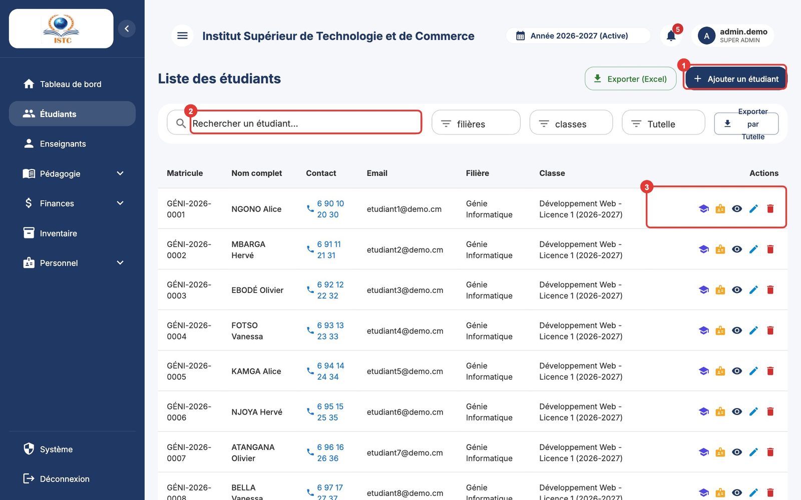 La liste des étudiants : (1) ajouter, (2) rechercher, (3) actions sur une ligne