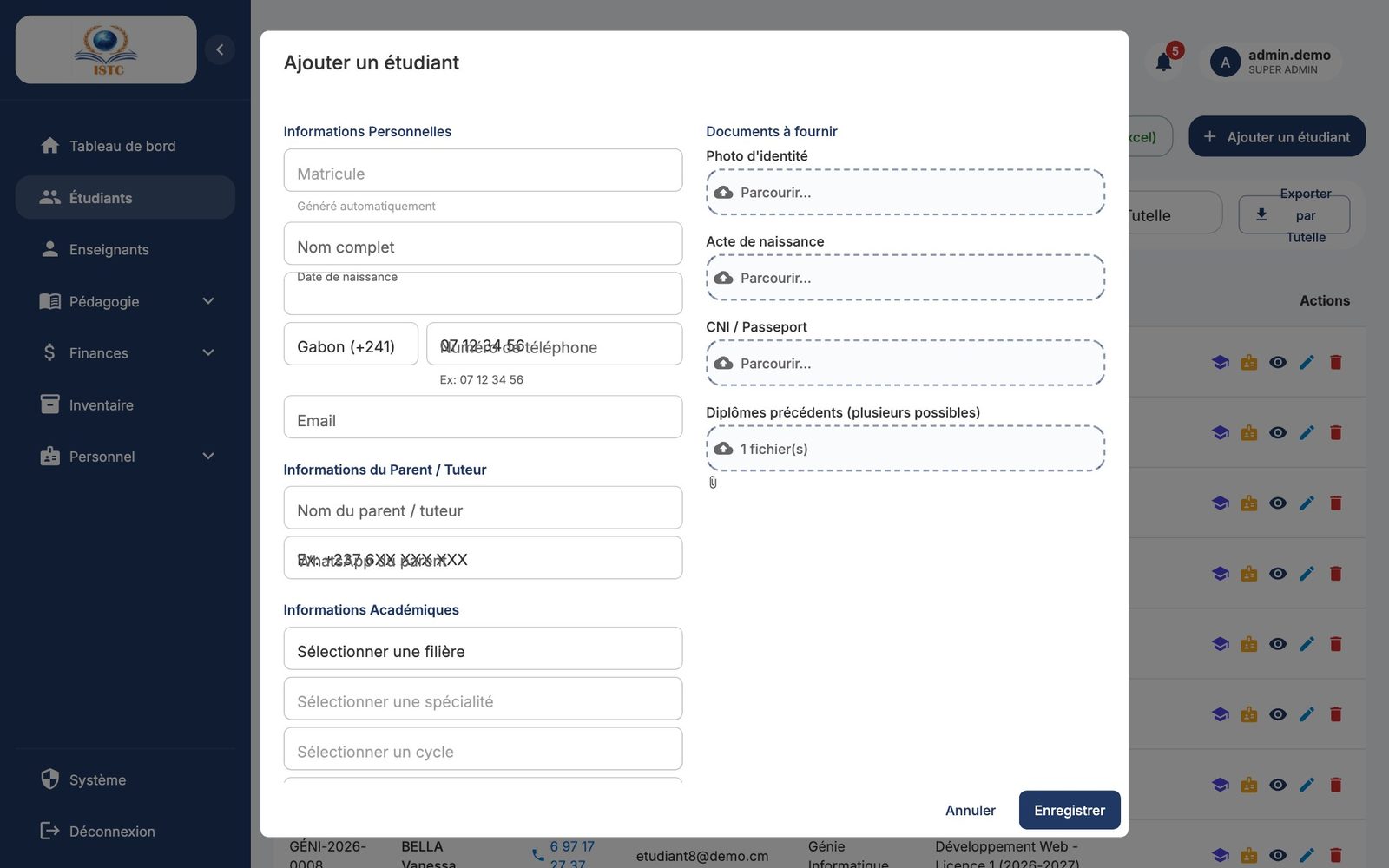 Le formulaire « Ajouter un étudiant »