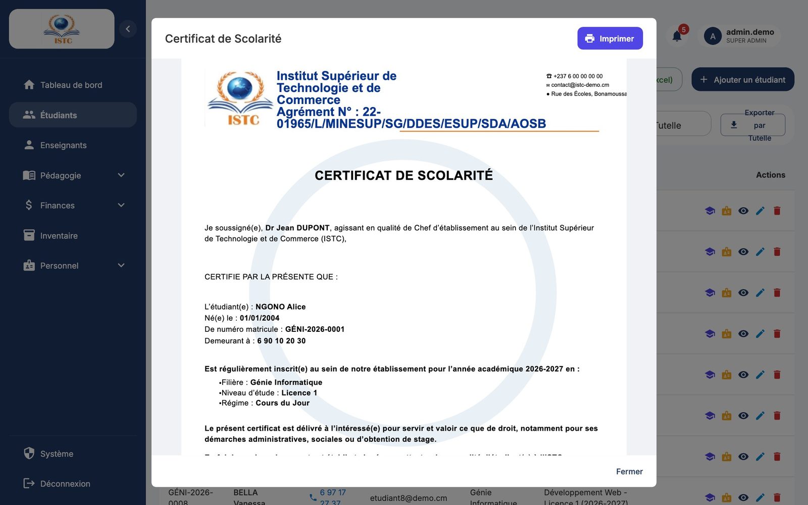 Le certificat de scolarité