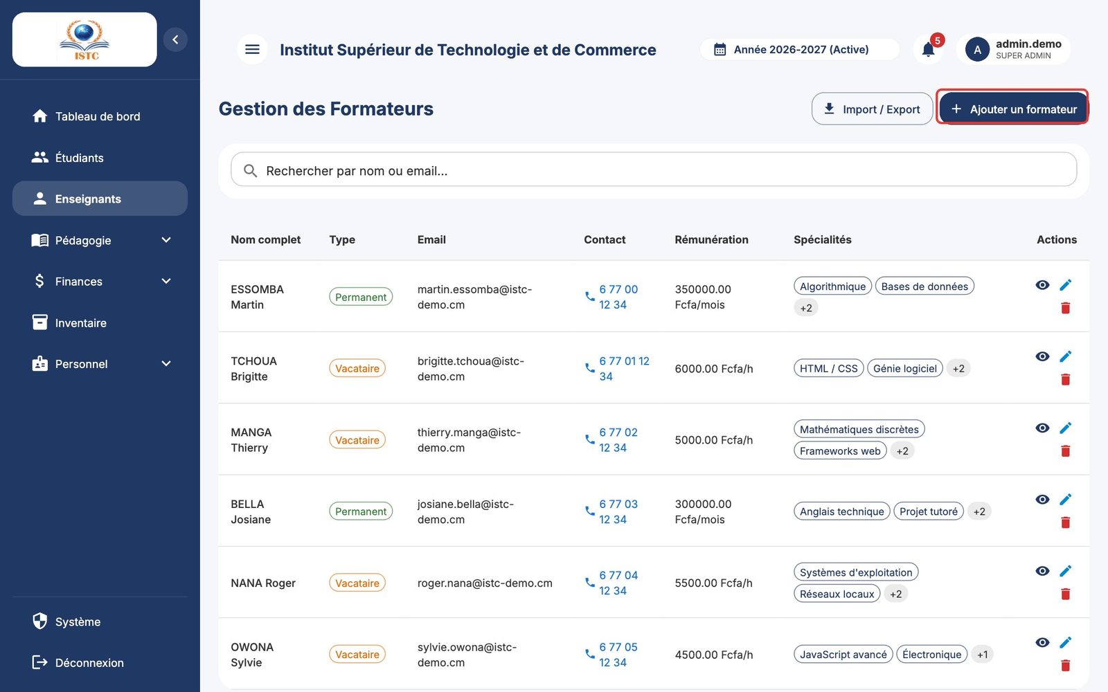 La page « Gestion des Formateurs »