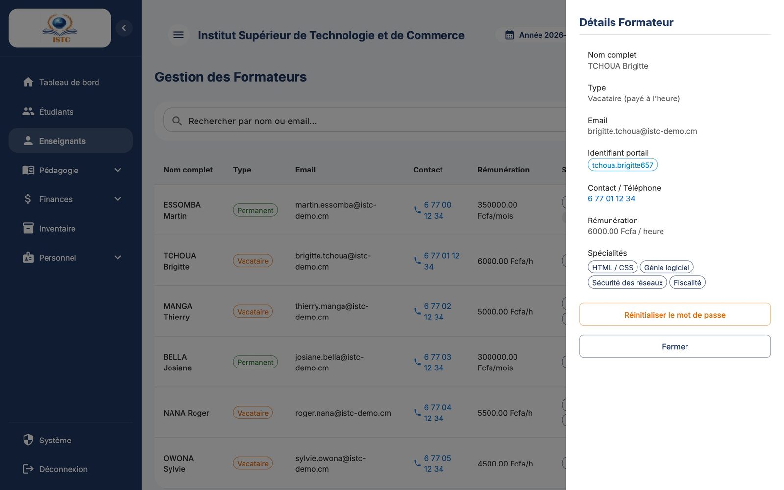 Le panneau « Détails Formateur »