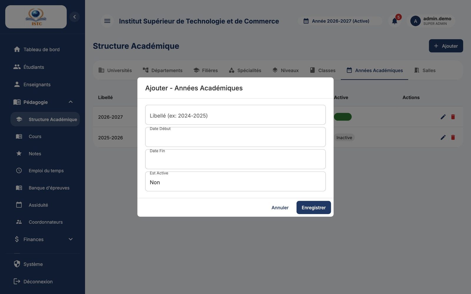 Formulaire d'ajout d'une année académique