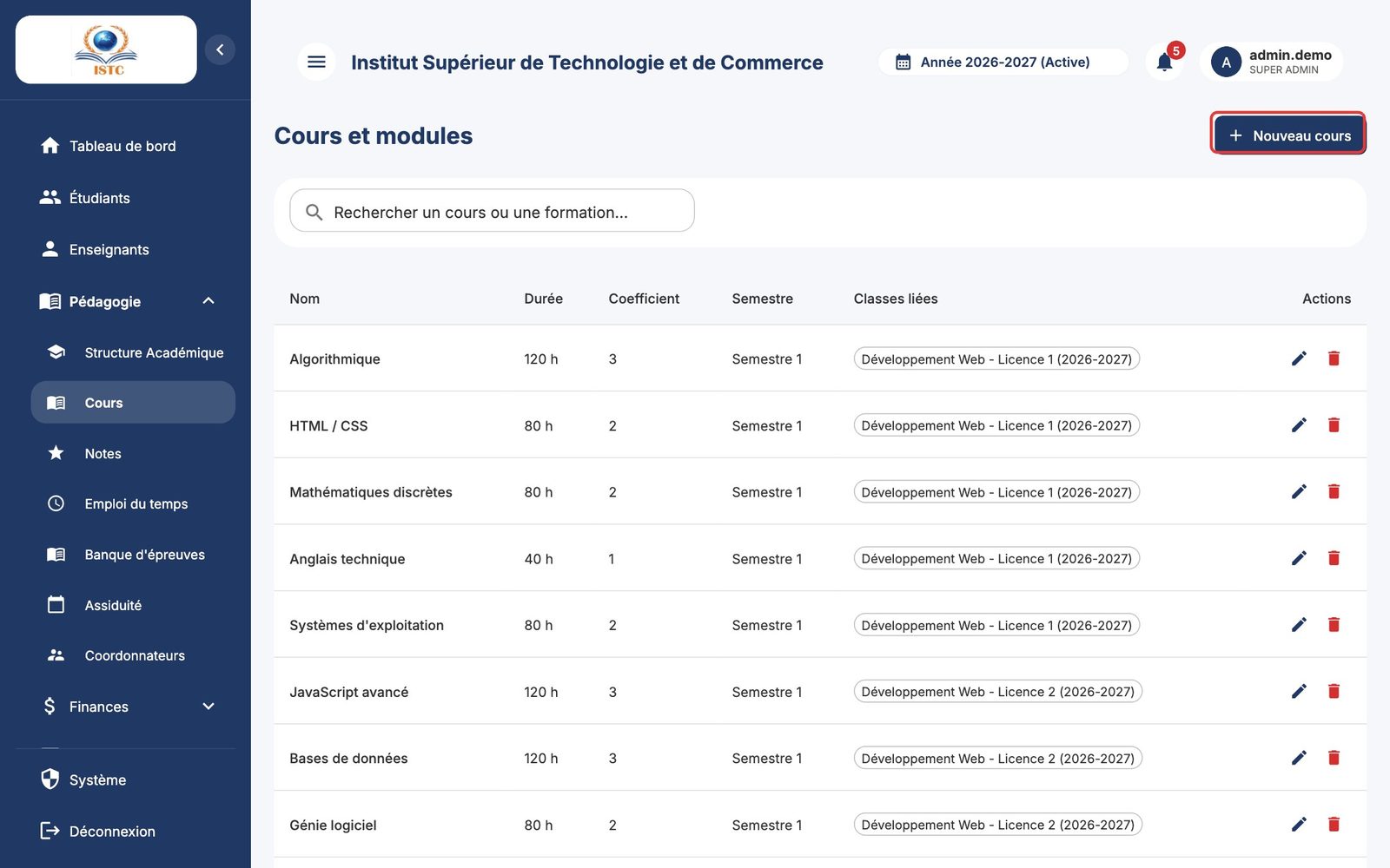 La liste des cours, avec le bouton « Nouveau cours »