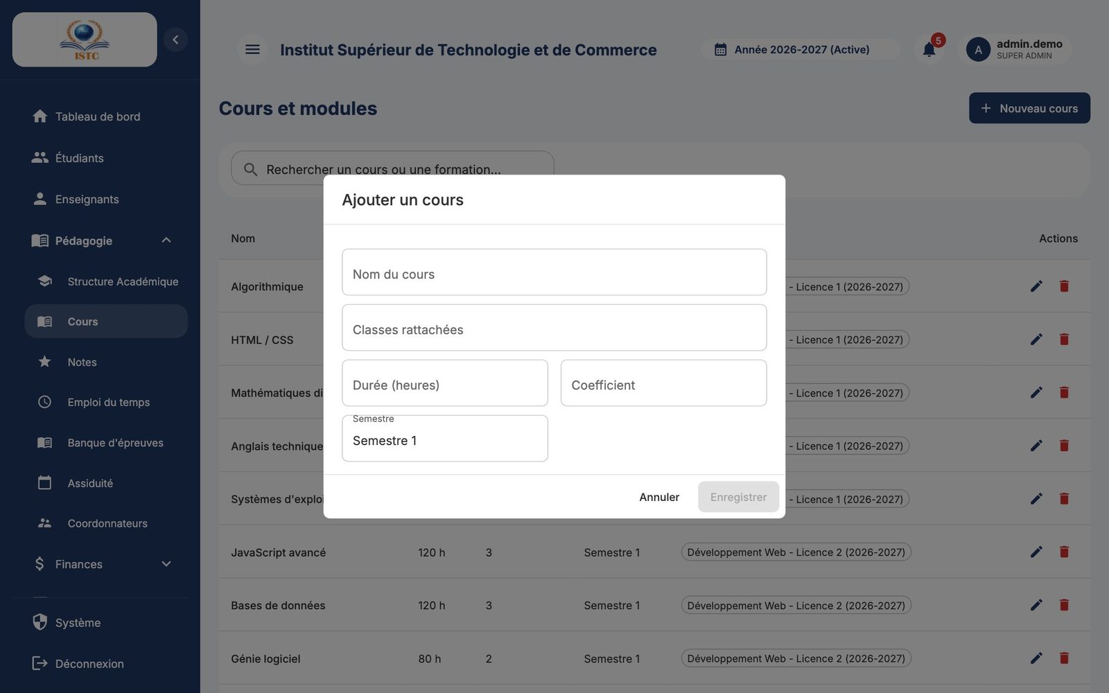 Le formulaire « Ajouter un cours »