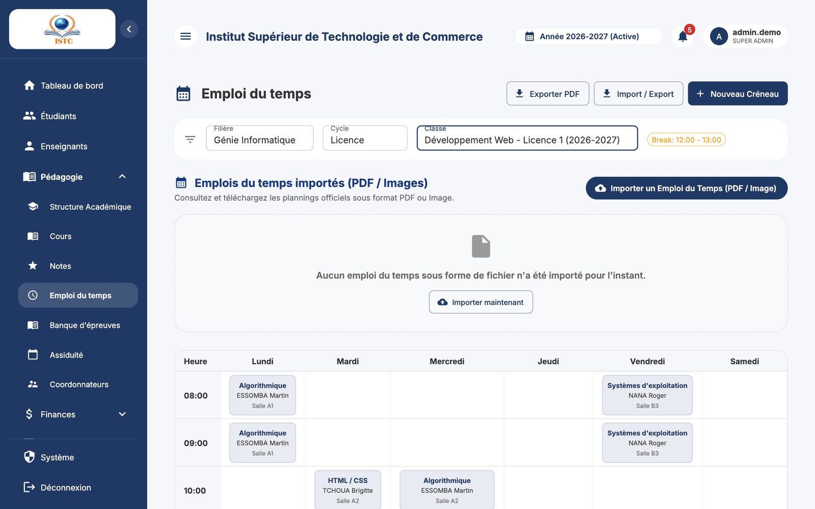 Emploi du temps : choix de la filière, du cycle et de la classe