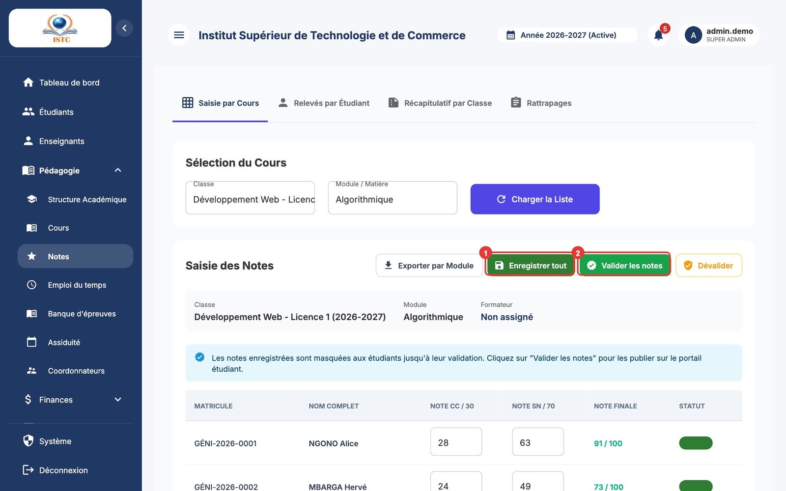 Saisie par cours : (1) Enregistrer tout, (2) Valider les notes