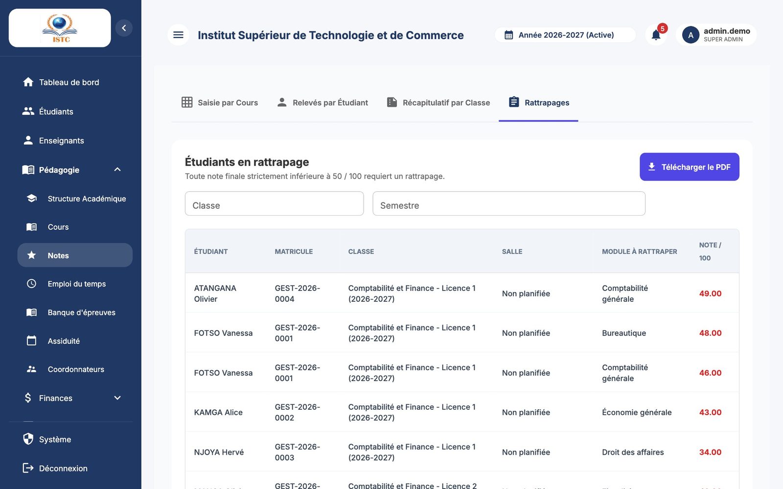 La liste des étudiants en rattrapage