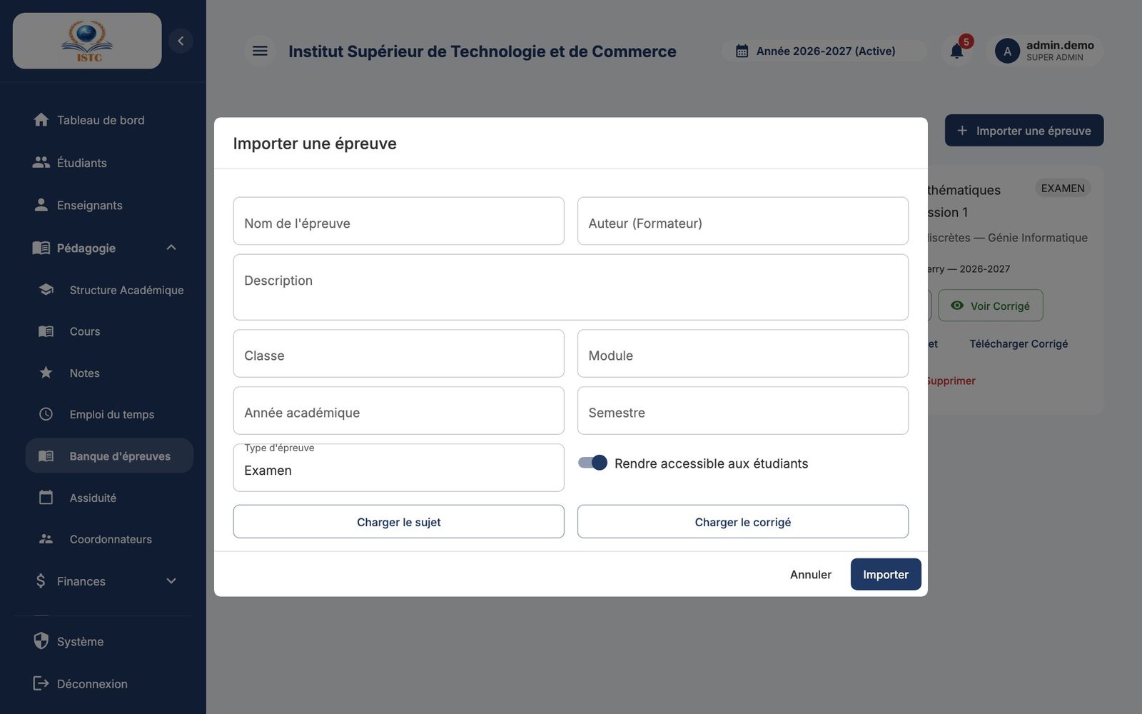 Le formulaire « Importer une épreuve »