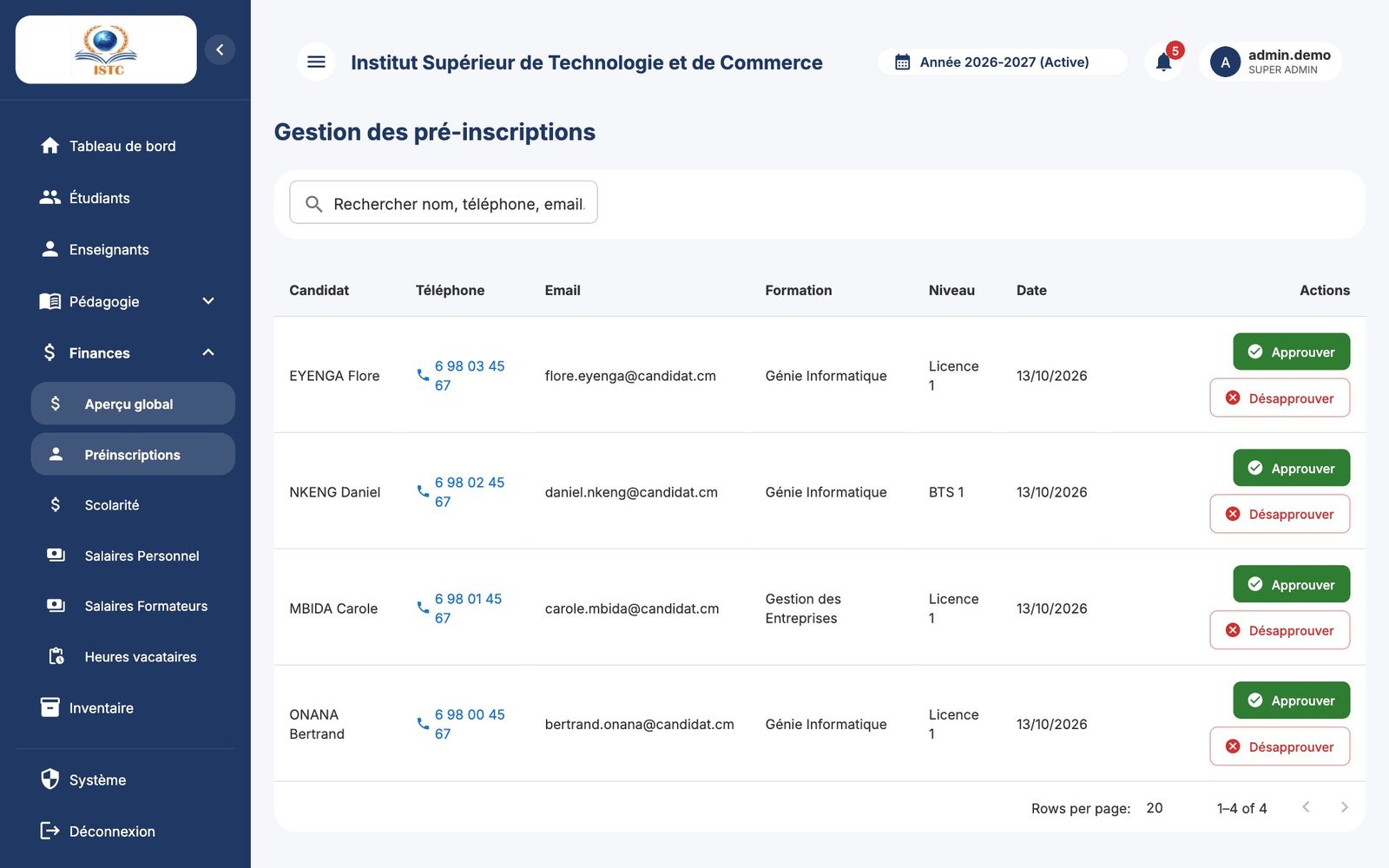 La liste des préinscriptions en attente