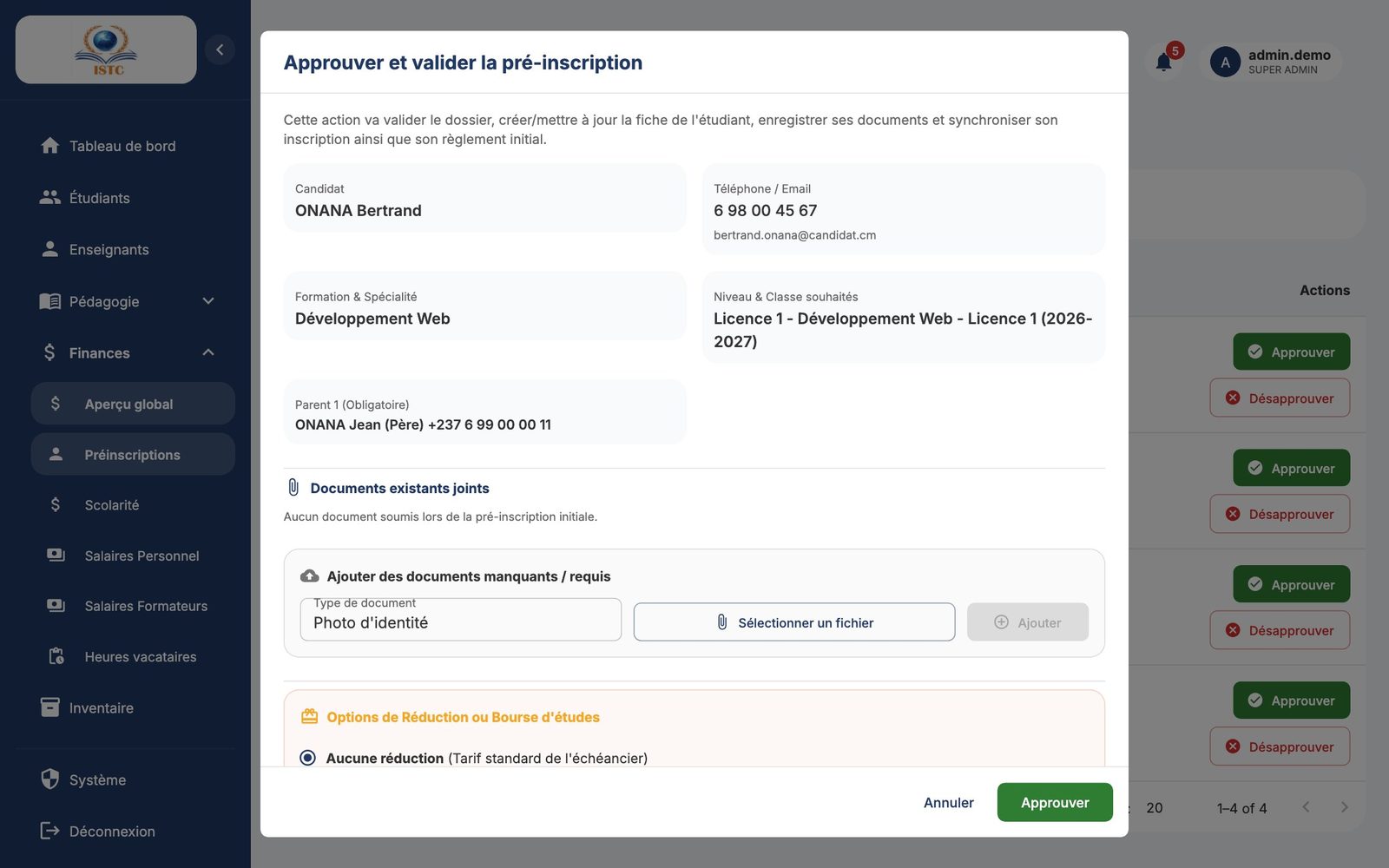 La fenêtre d'approbation : dossier du candidat