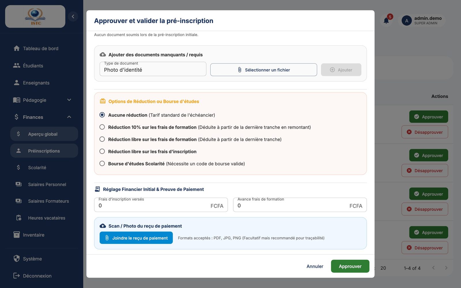 Bas de la fenêtre : réduction, paiements versés et reçu