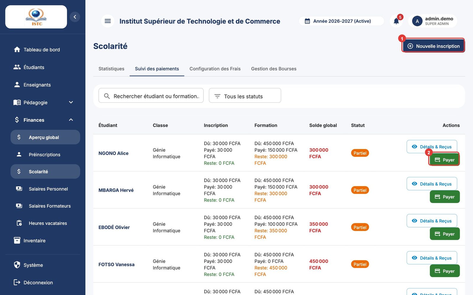 Le suivi des paiements : (1) Nouvelle inscription, (2) Payer