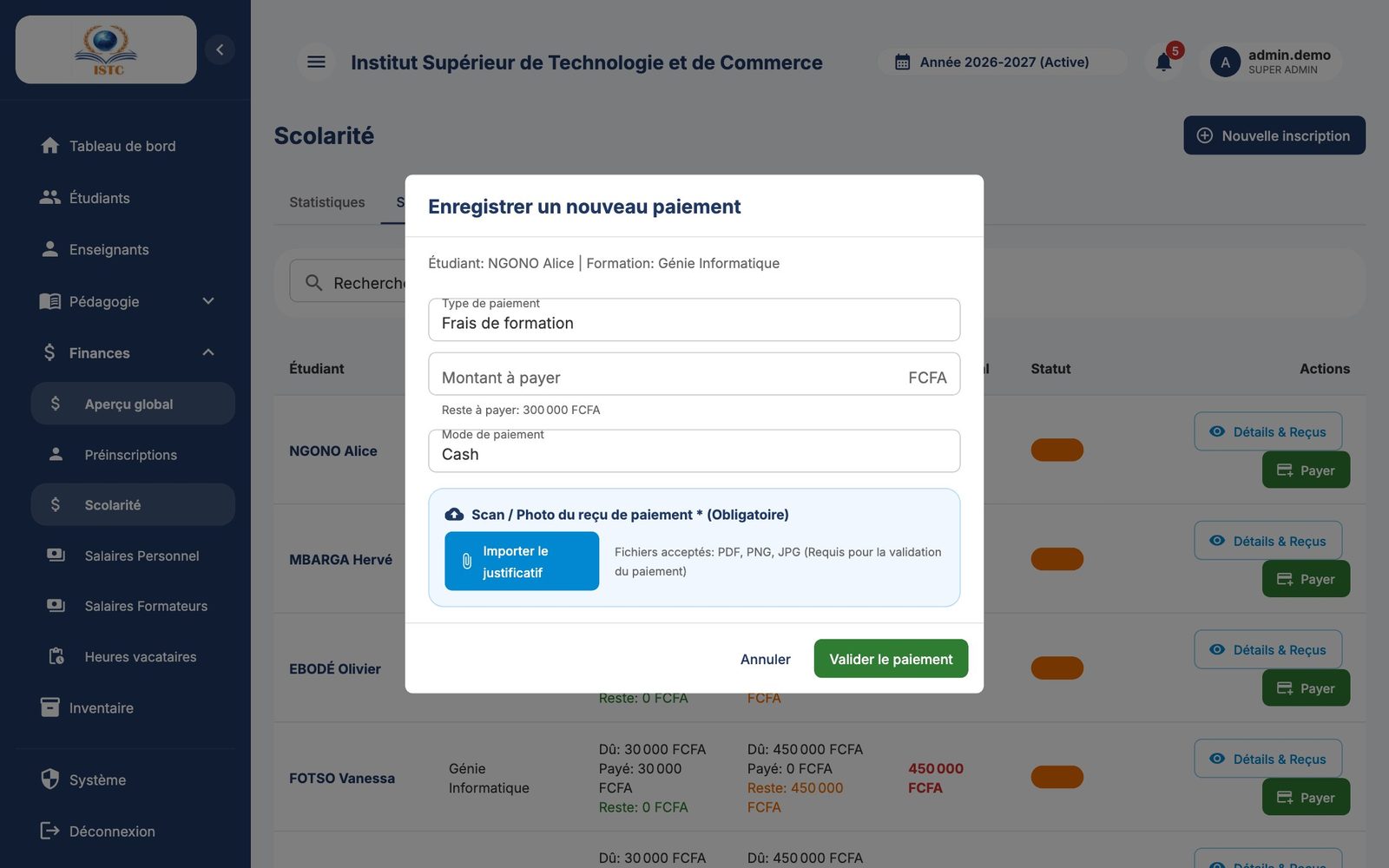 La fenêtre « Enregistrer un nouveau paiement »