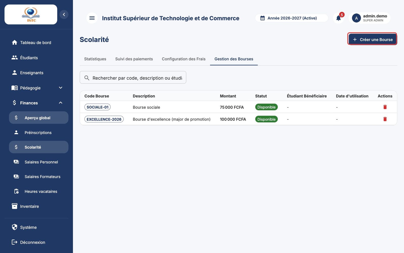 L'onglet Gestion des Bourses