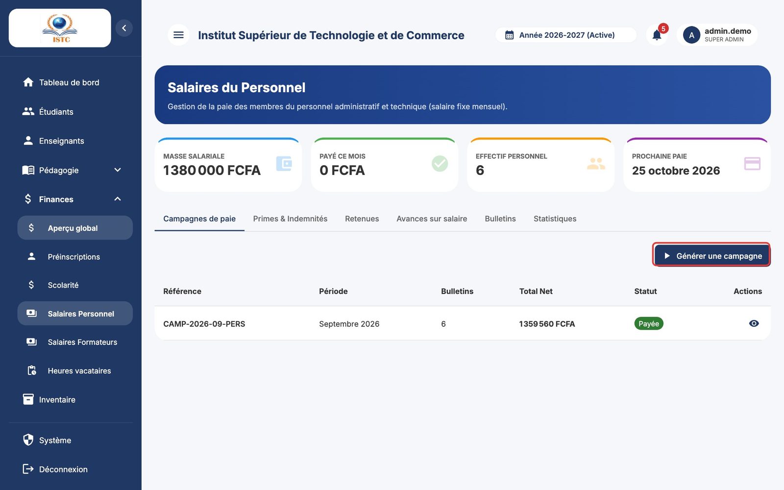 Salaires du personnel : l'onglet Campagnes de paie