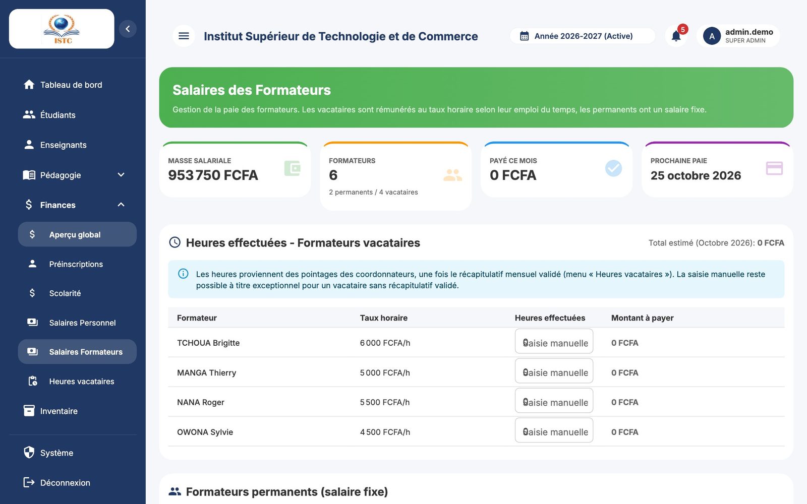 Salaires des formateurs : heures des vacataires et salaires fixes