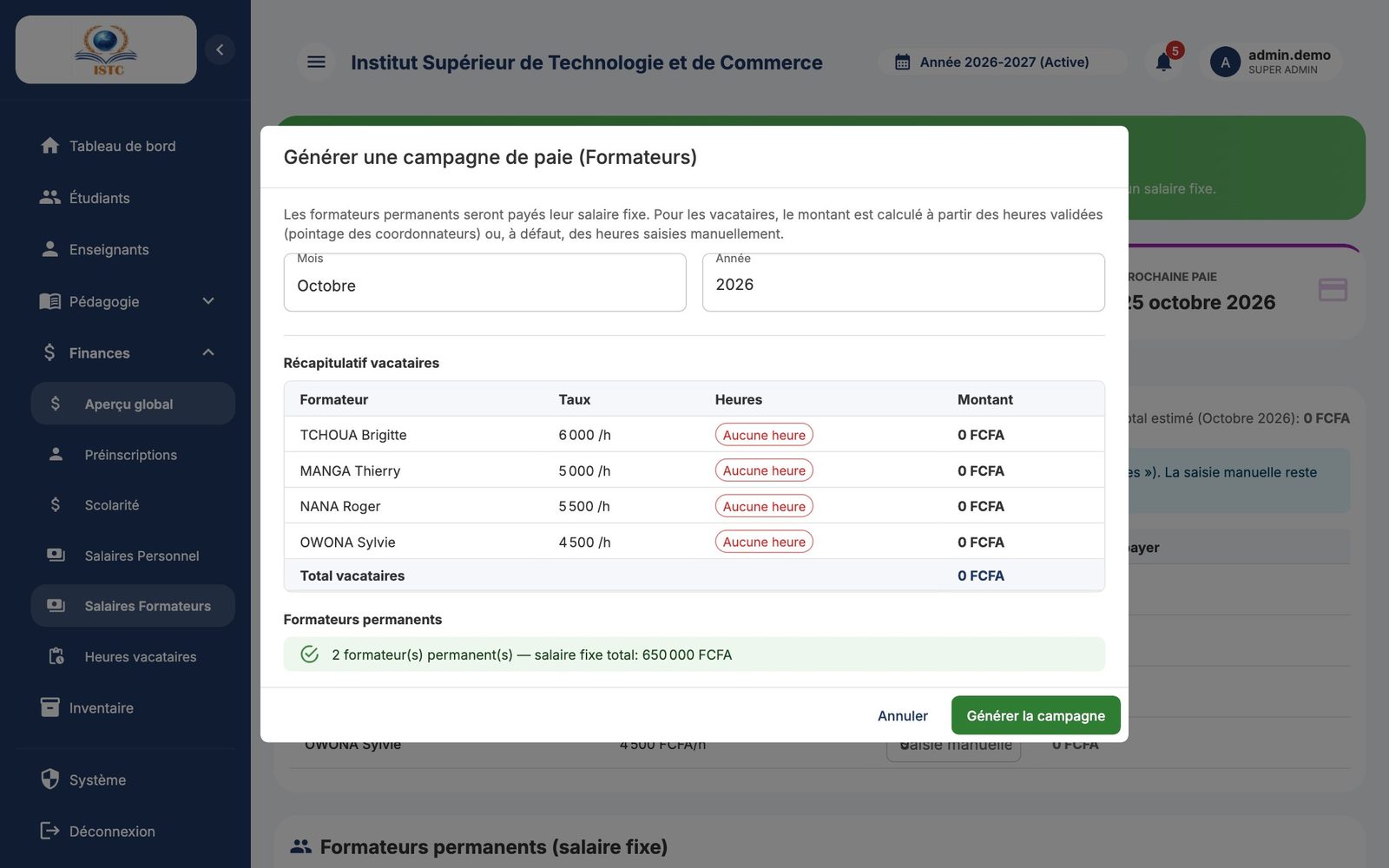 La fenêtre « Générer une campagne de paie (Formateurs) »