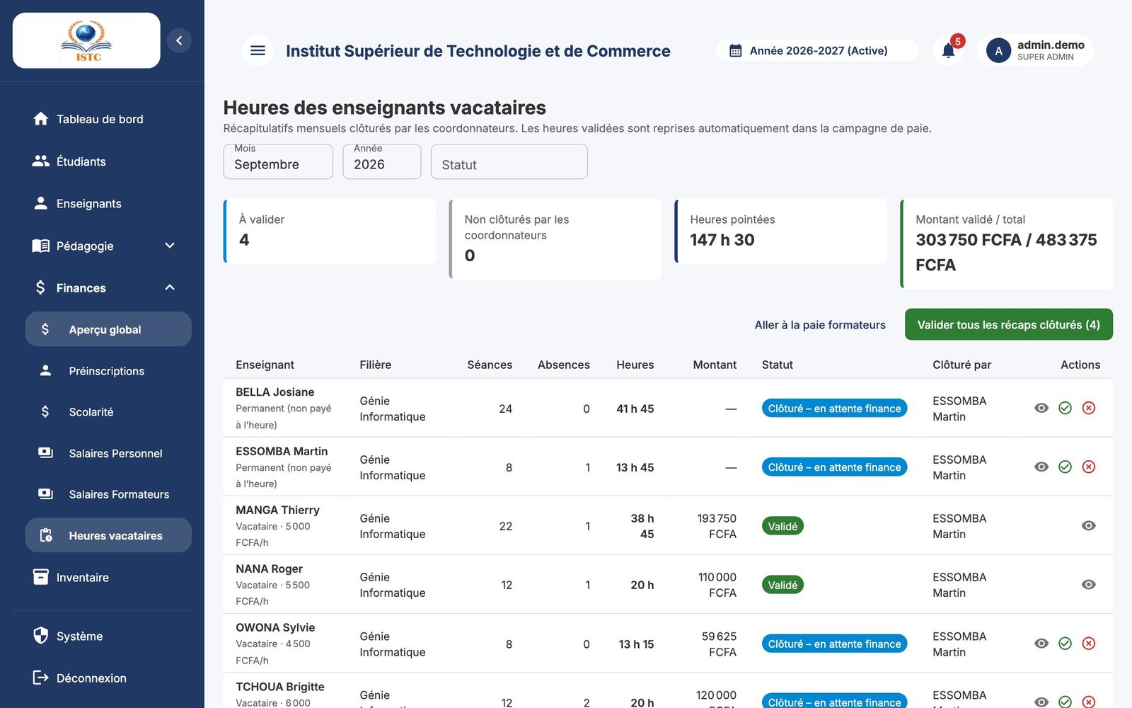 Heures des vacataires : compteurs et récapitulatifs du mois