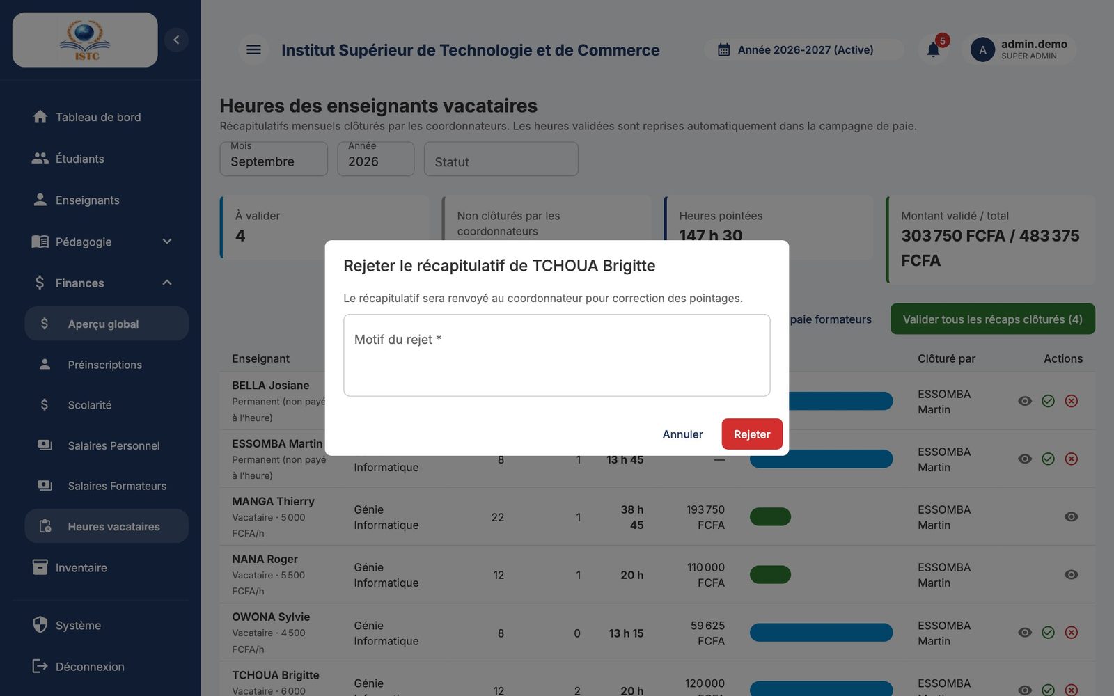 Rejet d'un récapitulatif : le motif est obligatoire