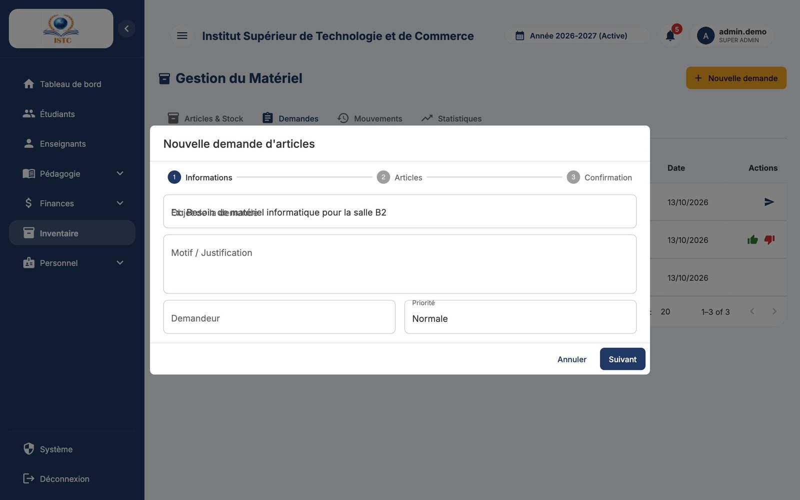 L'assistant « Nouvelle demande d'articles »