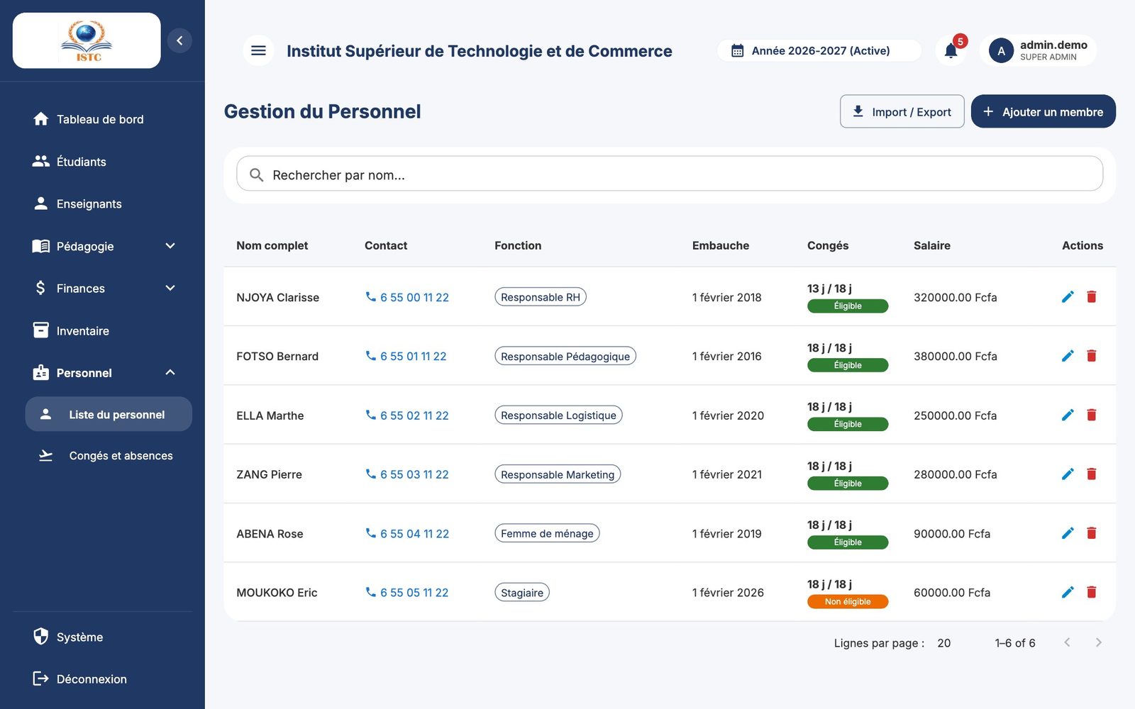 La page « Gestion du Personnel »