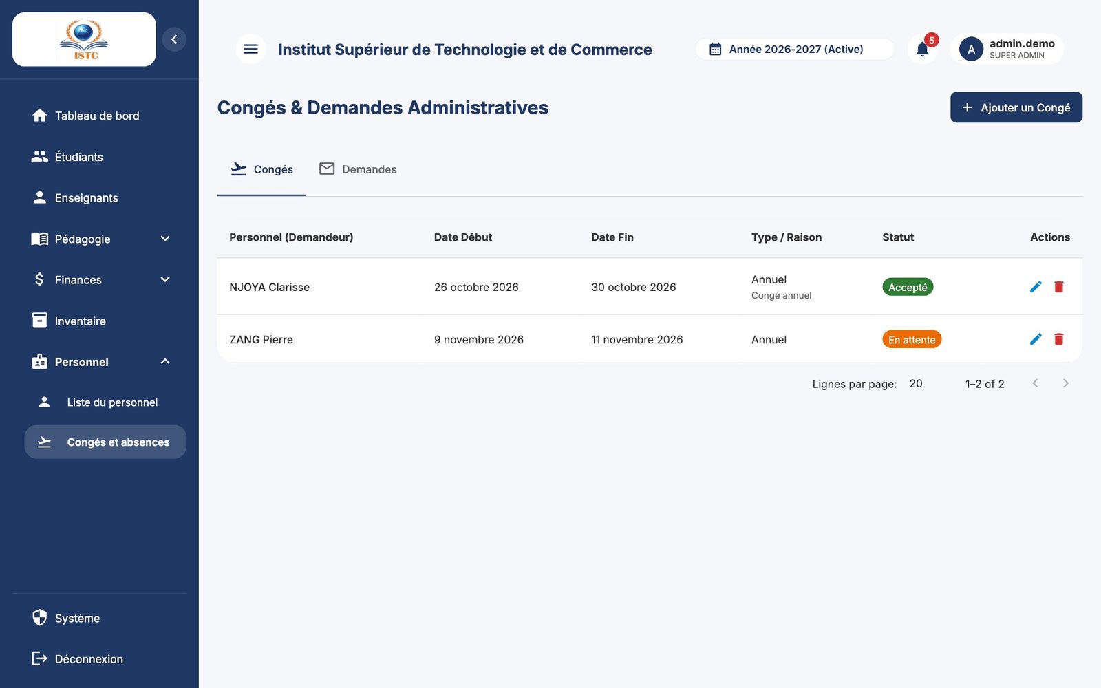 La page « Congés & Demandes Administratives »