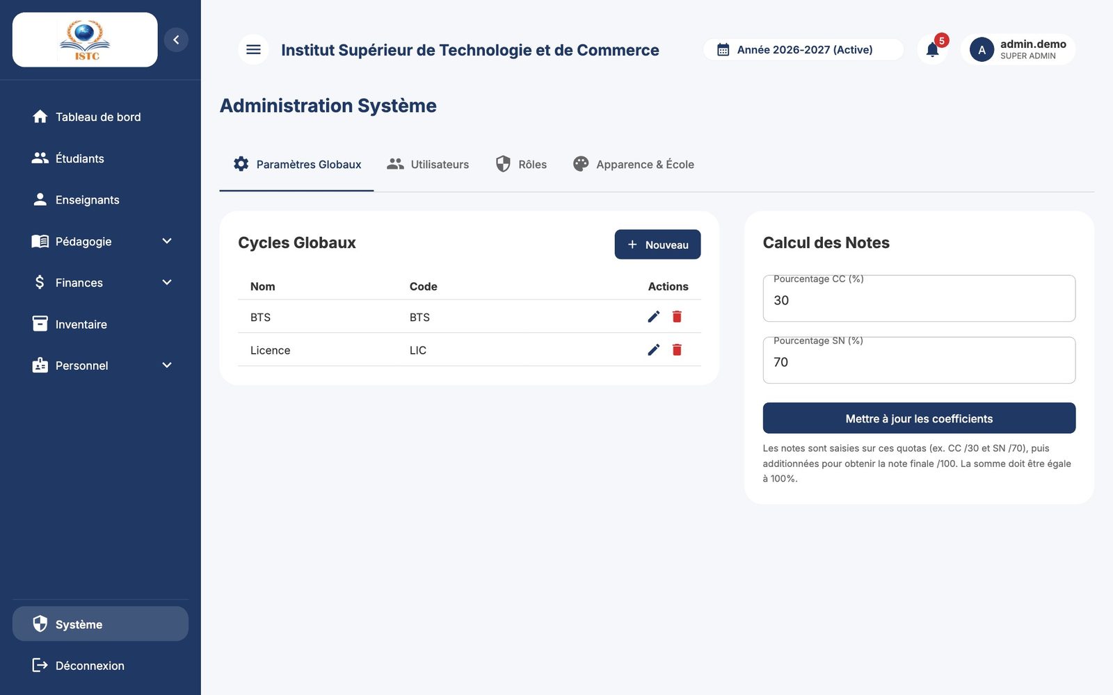 Paramètres Globaux : cycles et calcul des notes