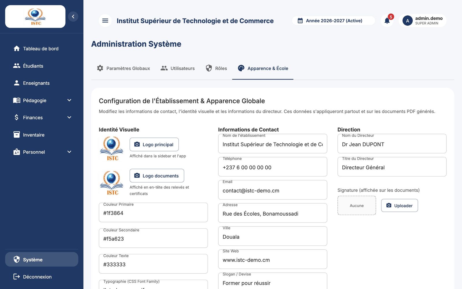Configuration de l'établissement et apparence