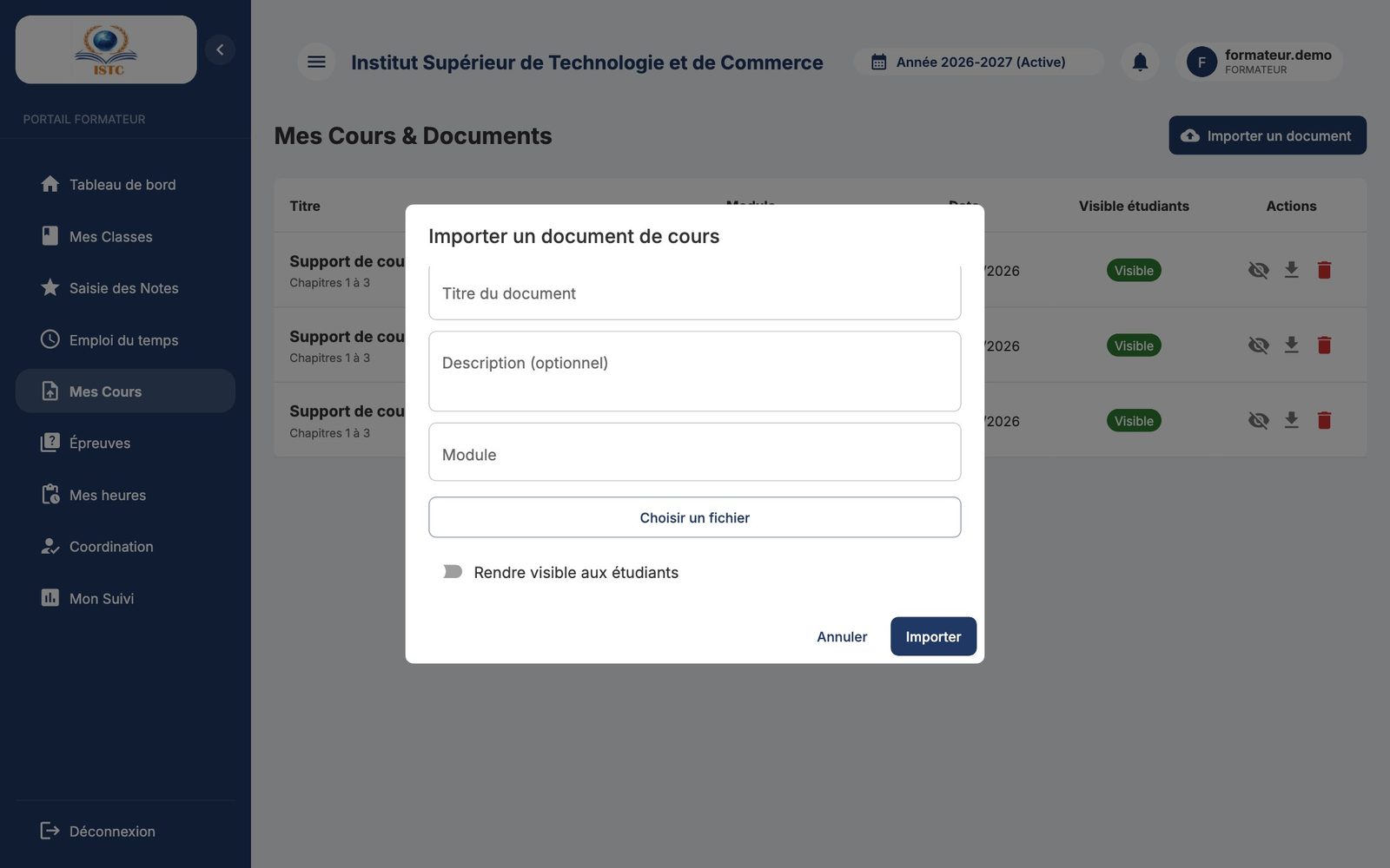 La fenêtre « Importer un document de cours »