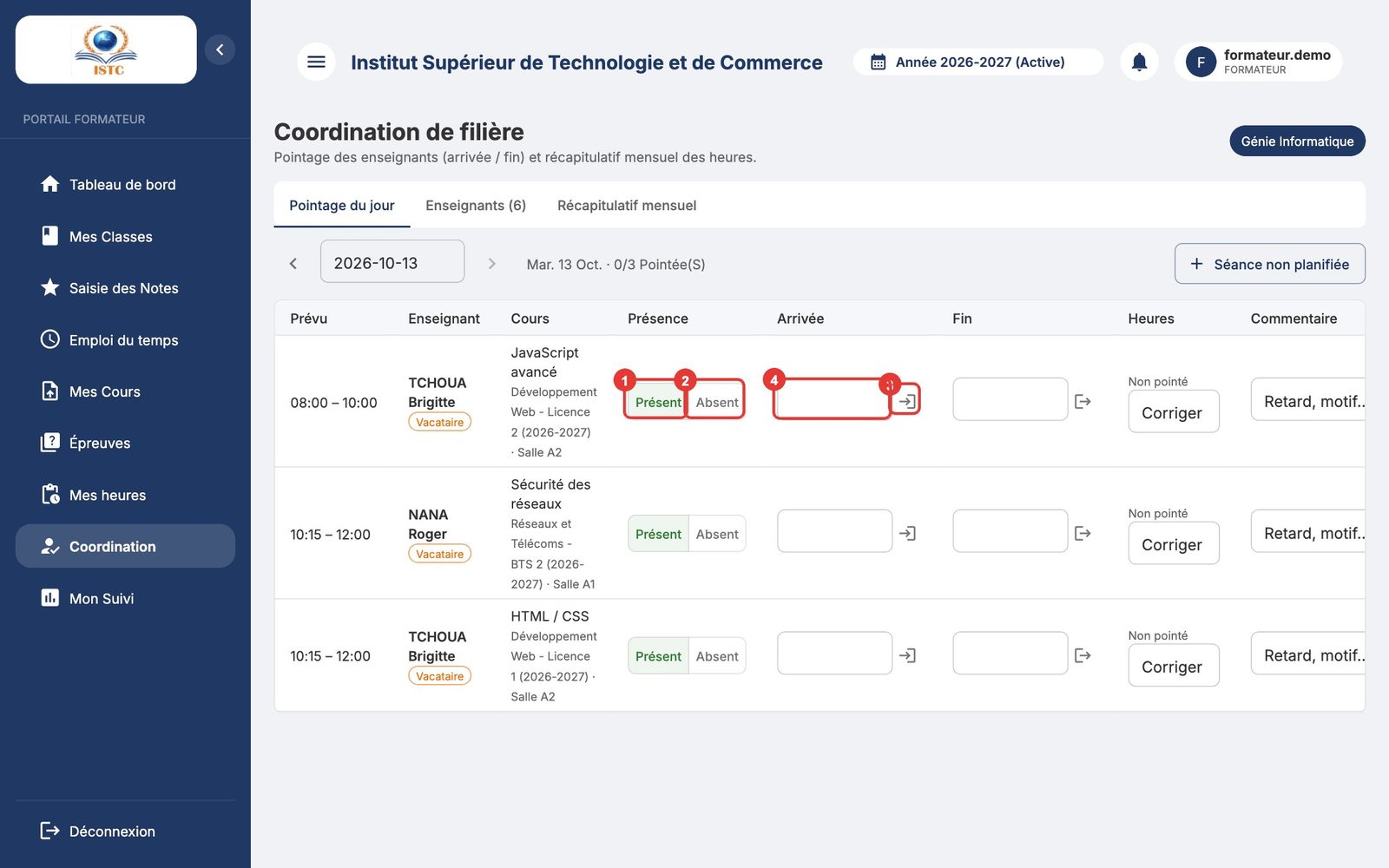 Pointer une séance : (1) Présent, (2) Absent, (3) Arrivé maintenant, (4) heure d'arrivée