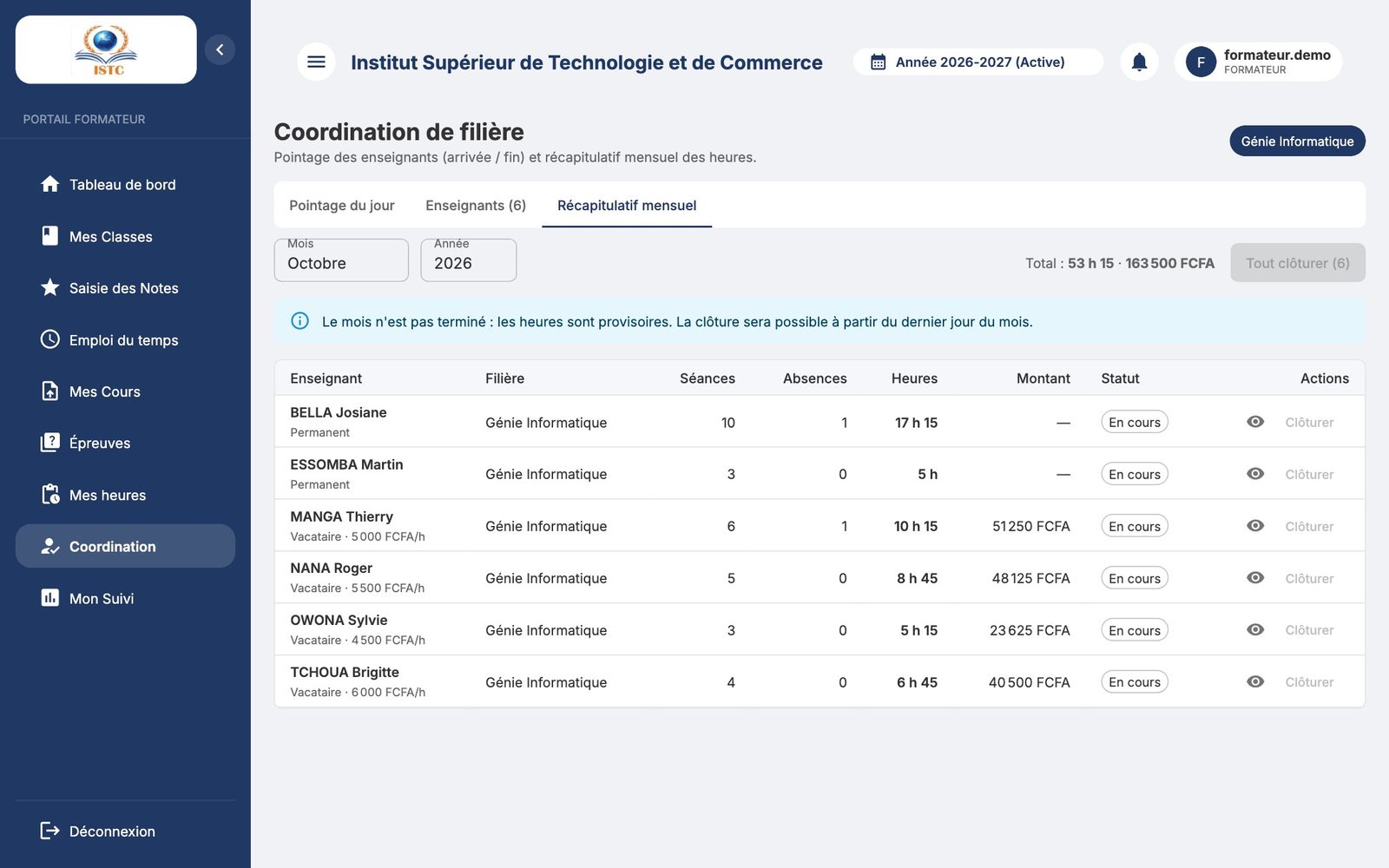 Récapitulatif du mois en cours (heures provisoires)